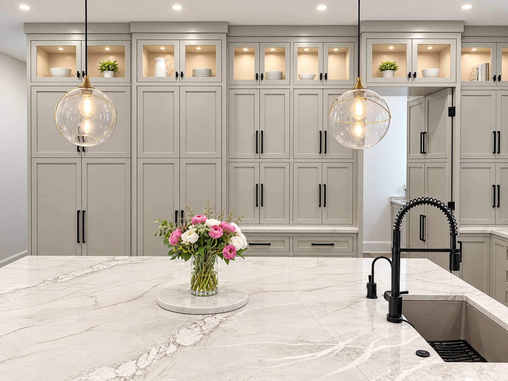 Floor-to-ceiling greige pantry cabinetry with lit glass-front uppers and globe pendants over a marble island