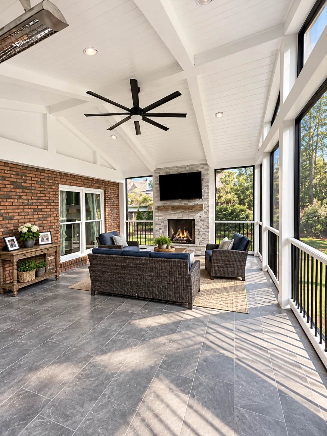 Screened porch with a vaulted shiplap ceiling, a stacked-stone gas fireplace and wicker lounge seating on grey tile