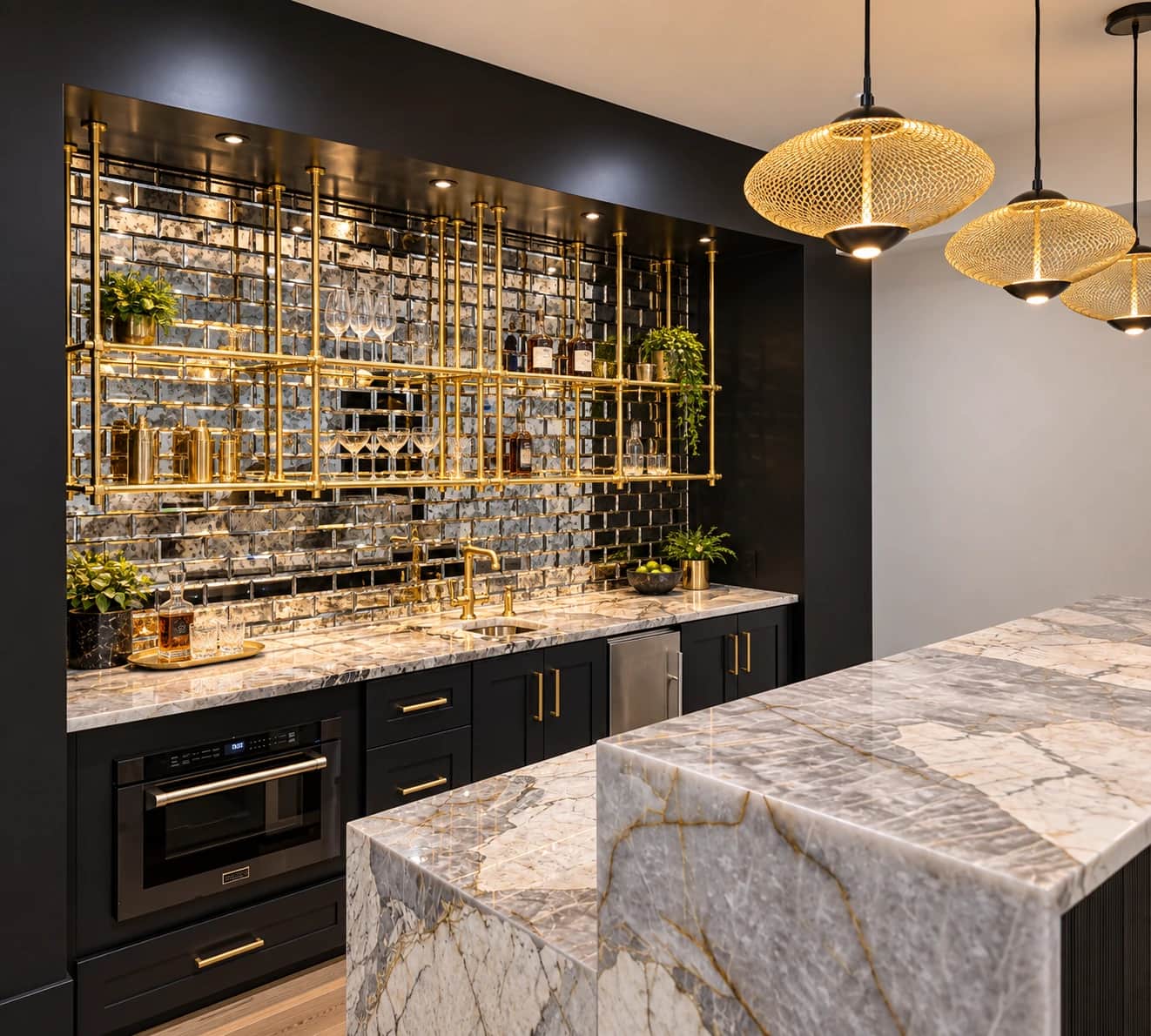 Wet bar with an antiqued mirror-tile backsplash, brass pipe shelving, black cabinetry and a quartzite waterfall island