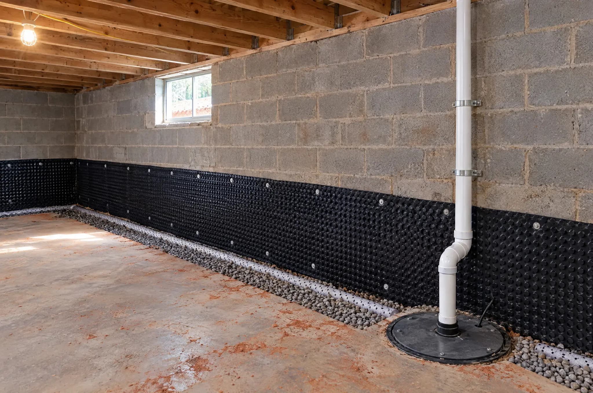 Unfinished basement with a concrete block foundation wall, black dimple drainage membrane along its base, a perforated perimeter drain in gravel beside the slab, and a sump basin with a white PVC discharge pipe