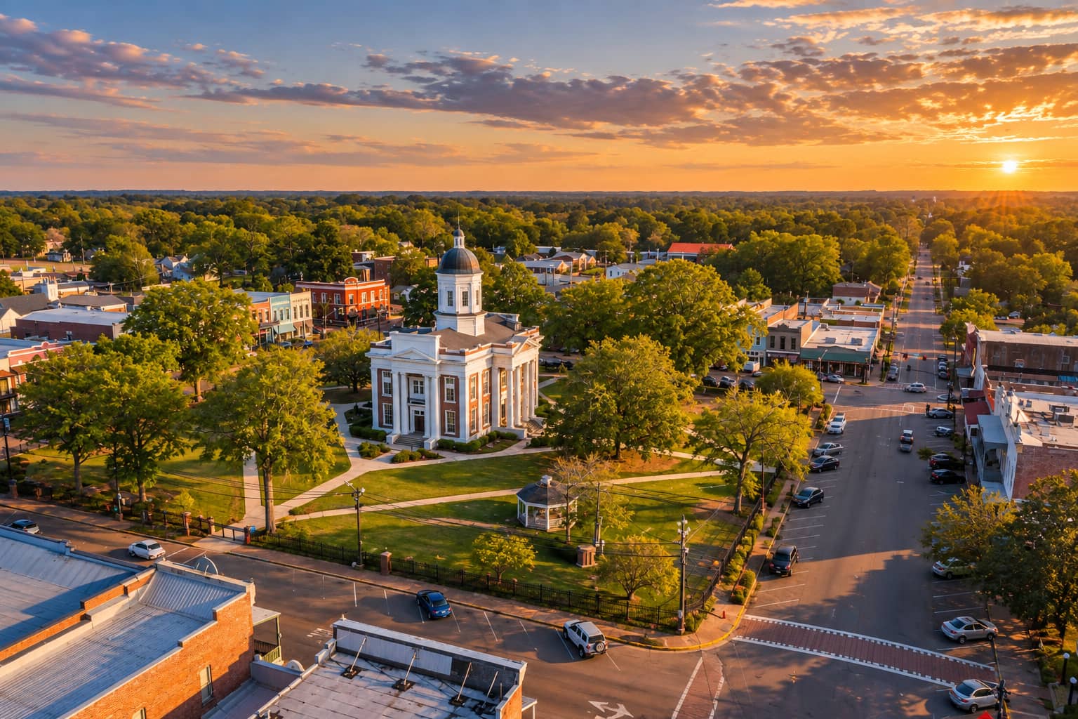 Aerial view of the Cherokee County courthouse on the downtown Canton square at sunset