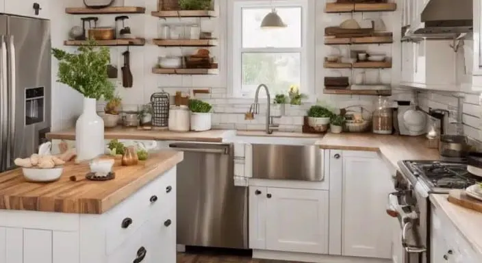 Farmhouse kitchen with white cabinets, a butcher-block island, an apron sink and open wood shelving