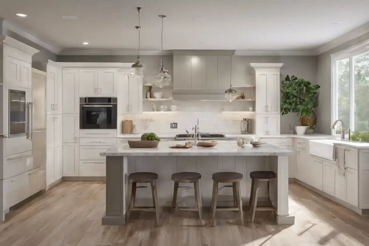 White kitchen with a gray island, marble counters, a farmhouse sink and glass pendant lights
