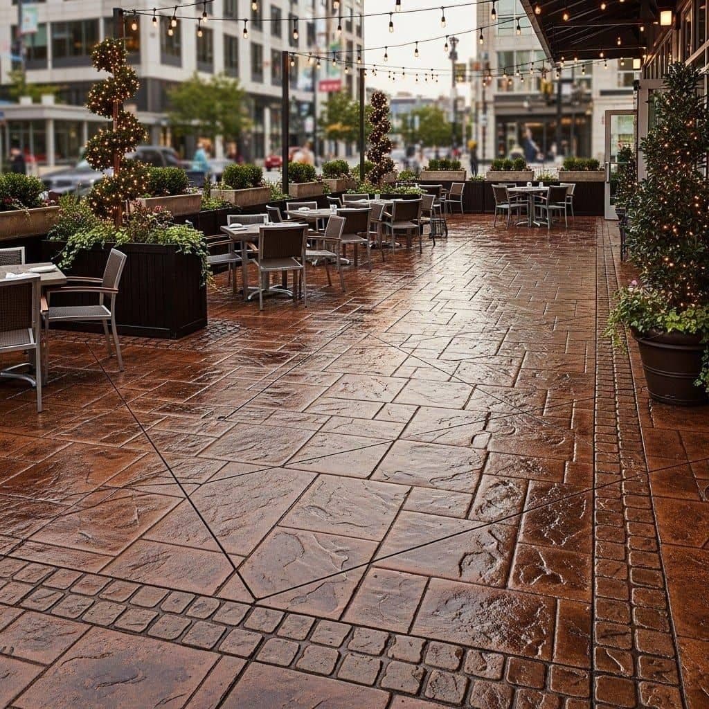 Rain-wet stamped concrete terrace with a diamond-scored field and a cobble-pattern border outside a storefront