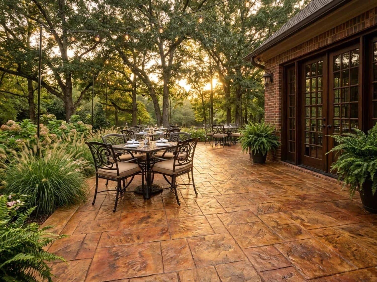 Warm tan and rust stamped concrete patio set with dining tables under string lights