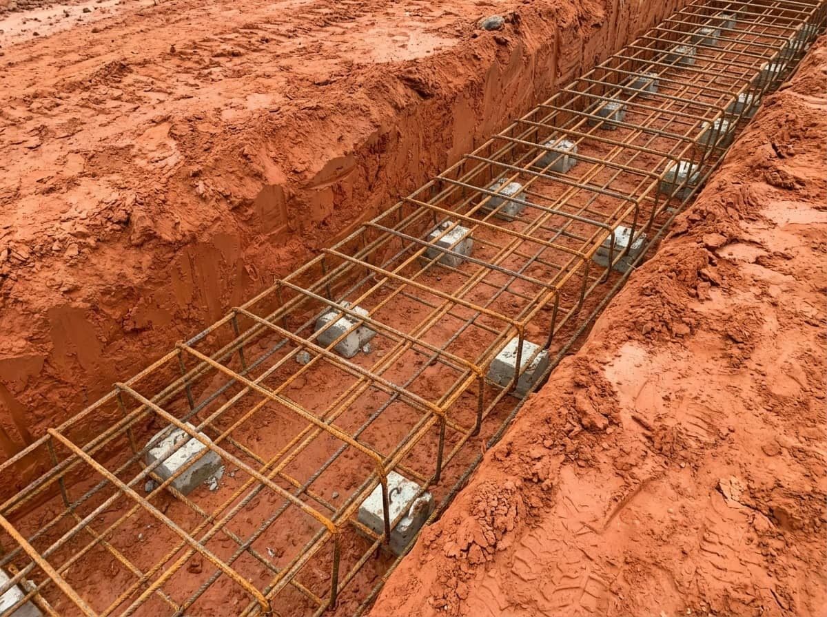 Rebar cage set on chairs in an excavated footing trench, ready for a foundation pour