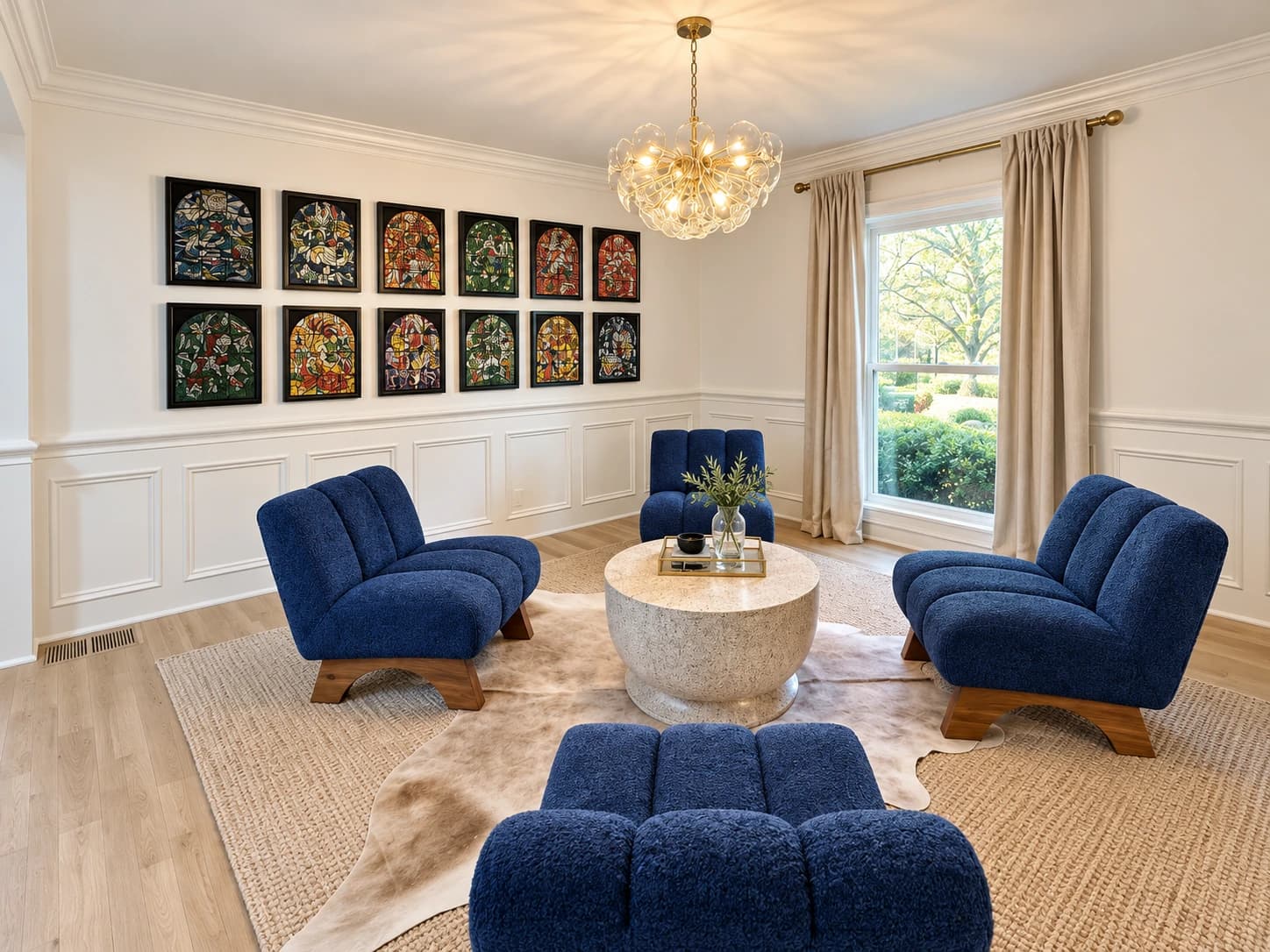 Formal sitting room with picture-frame wainscoting, a gallery wall of framed stained-glass panels and blue lounge chairs around a round stone table