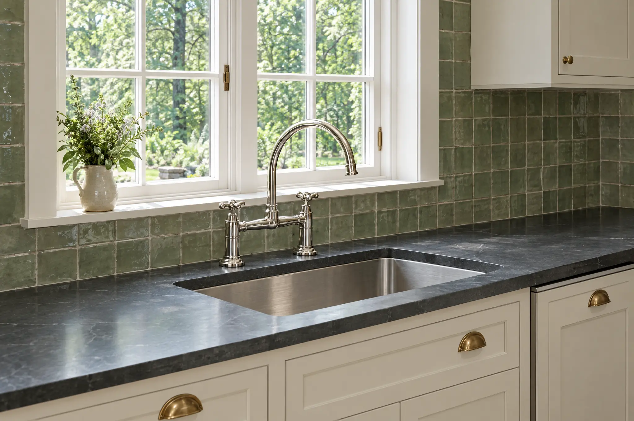 Polished nickel bridge faucet with cross handles over a stainless undermount sink in a dark honed countertop, with green square tile and a white casement window looking onto a wooded yard