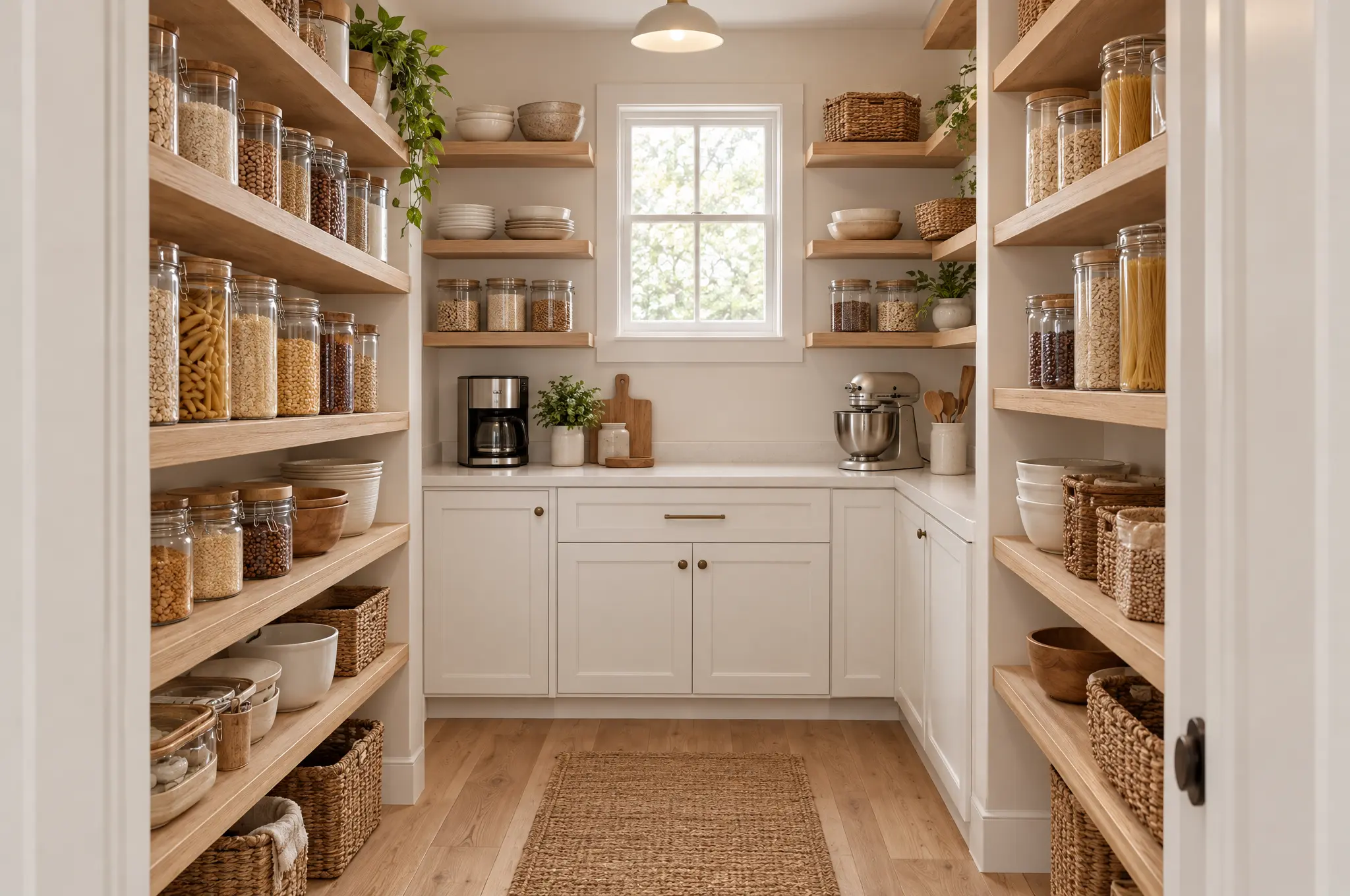 Walk-in pantry with white oak open shelving full of glass storage jars and baskets, white lower cabinets under a light countertop holding a coffee maker and a stand mixer, and a small window on the back wall
