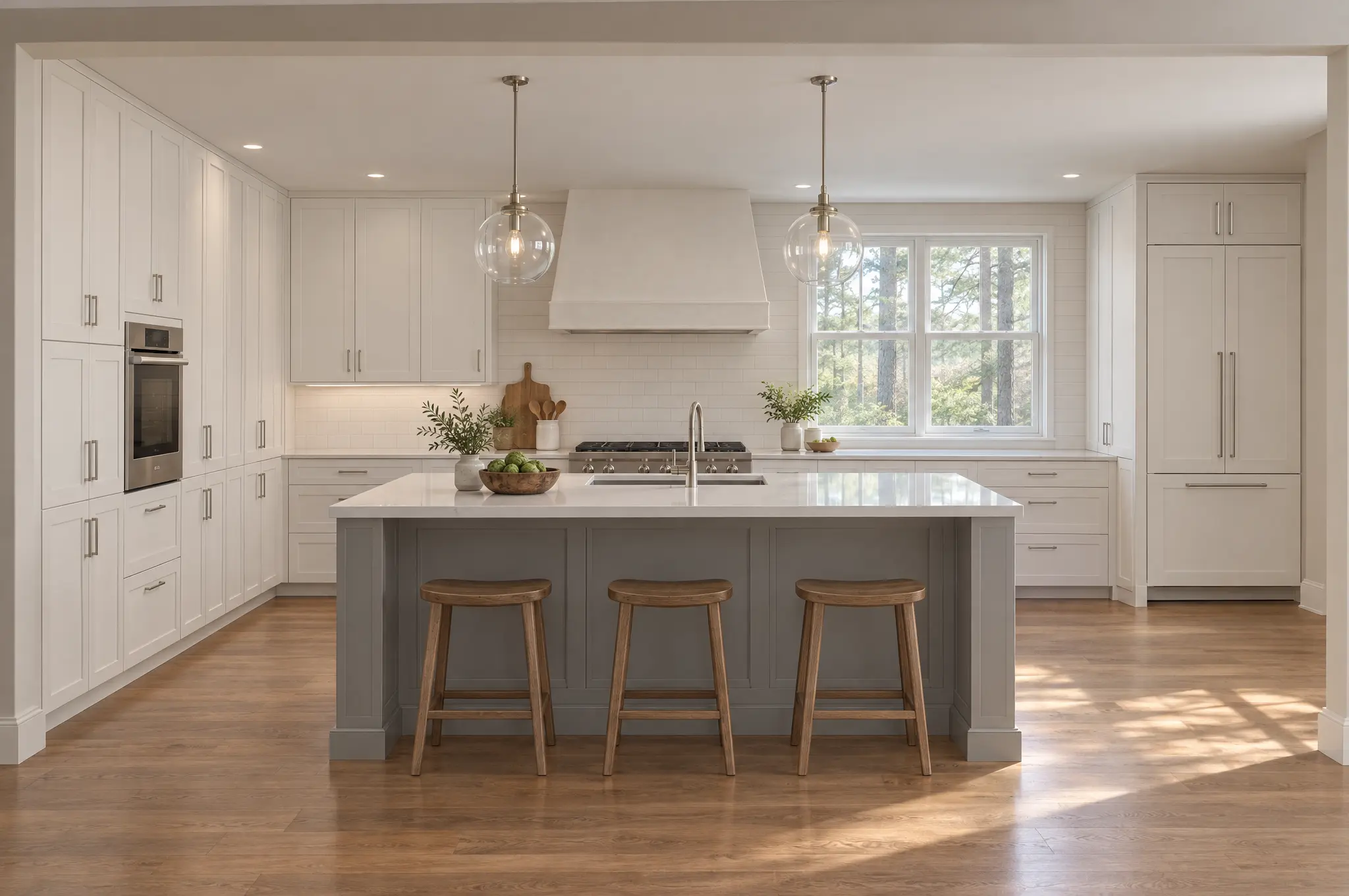 Kitchen seen through a wide cased opening from the family room, with a gray shaker island, a white quartz top, a sink and three wooden stools. White shaker cabinets run to the ceiling beside a stainless wall oven and a gas range under a plaster hood. The room also has a window onto pines and two clear-glass globe pendants