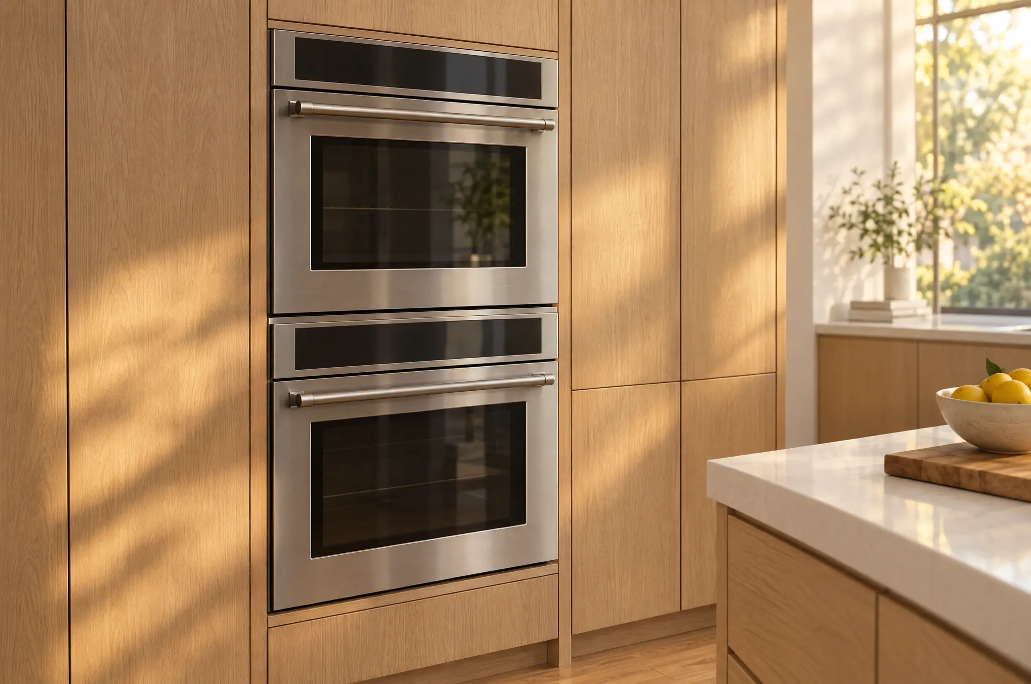 Stainless double wall oven set into natural white-oak flat-panel cabinetry in late-afternoon sun, with the corner of a white quartz counter holding a cutting board and a bowl of lemons