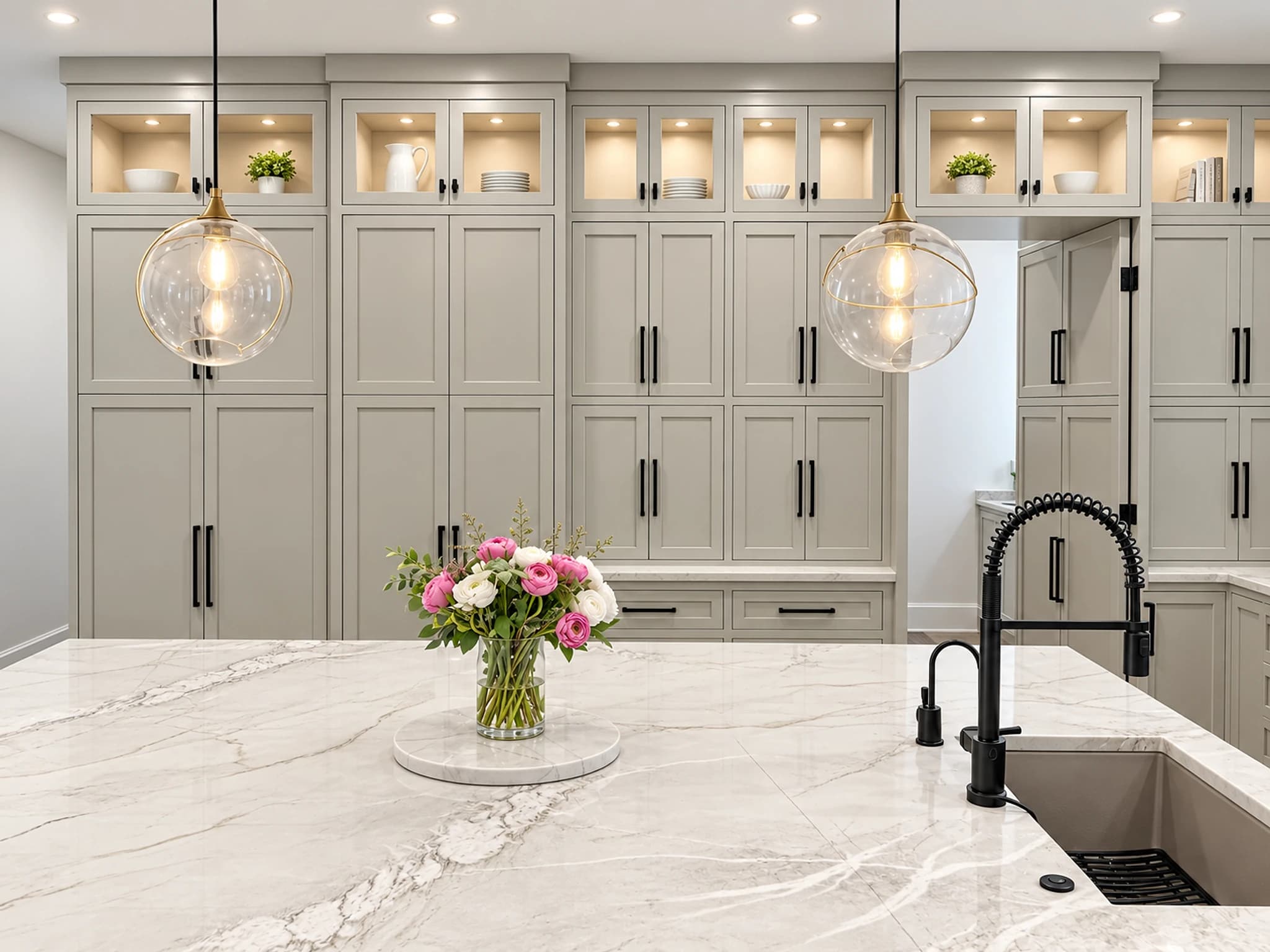 Floor-to-ceiling greige pantry cabinetry with lit glass uppers, twin globe pendants and a quartzite island