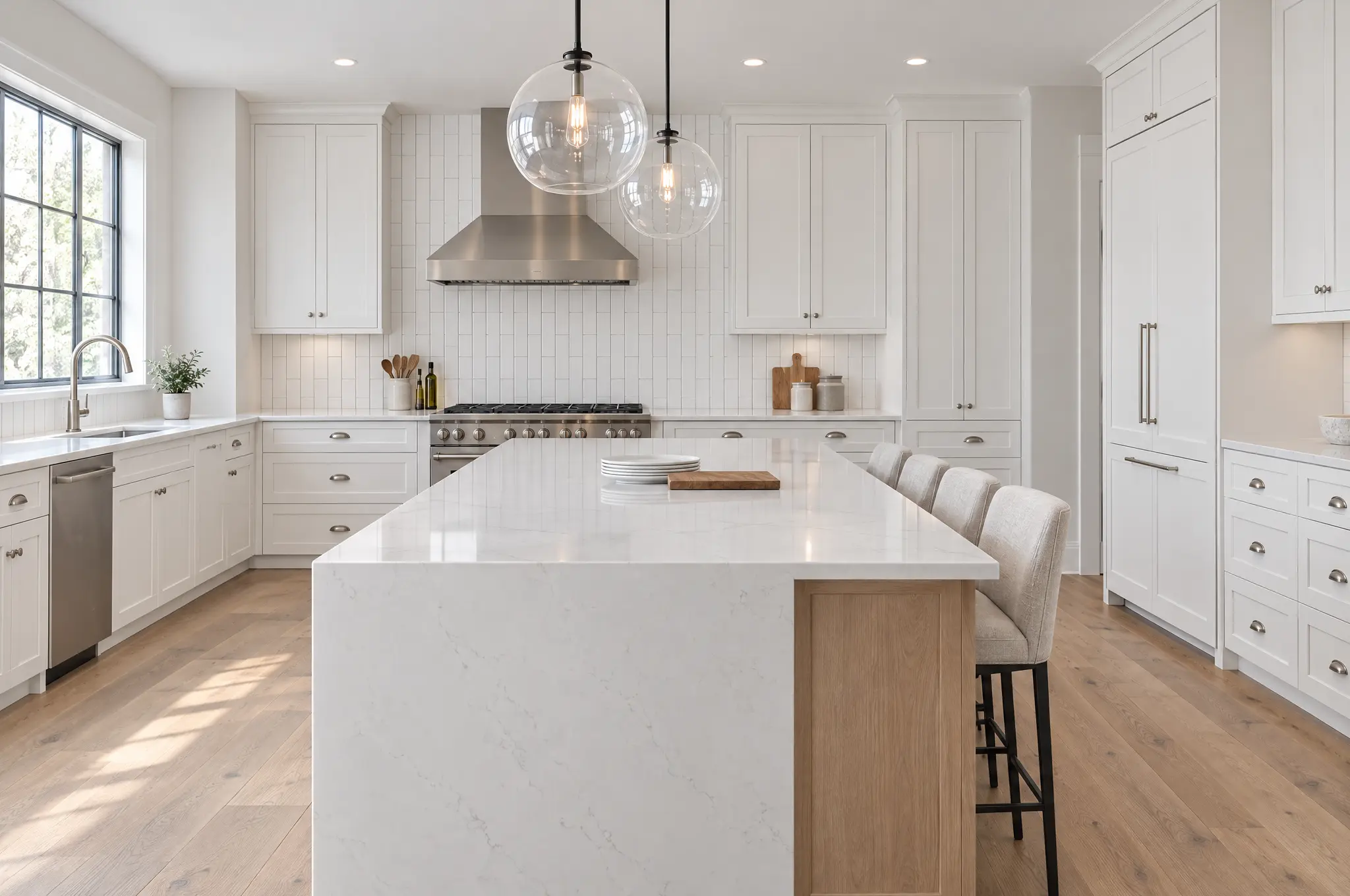Remodeled kitchen seen down the length of a white-oak island with a waterfall quartz end and linen counter stools, two clear glass globe pendants, white shaker cabinets, a stainless range hood over vertical white tile and a black-framed window over the sink