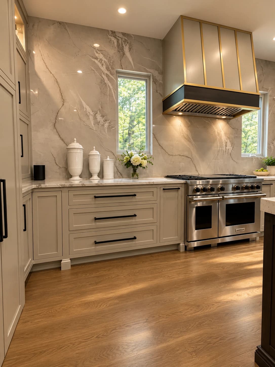 Greige inset cabinetry beneath a full-height stone backsplash, with a Wolf range under a brass-banded custom hood