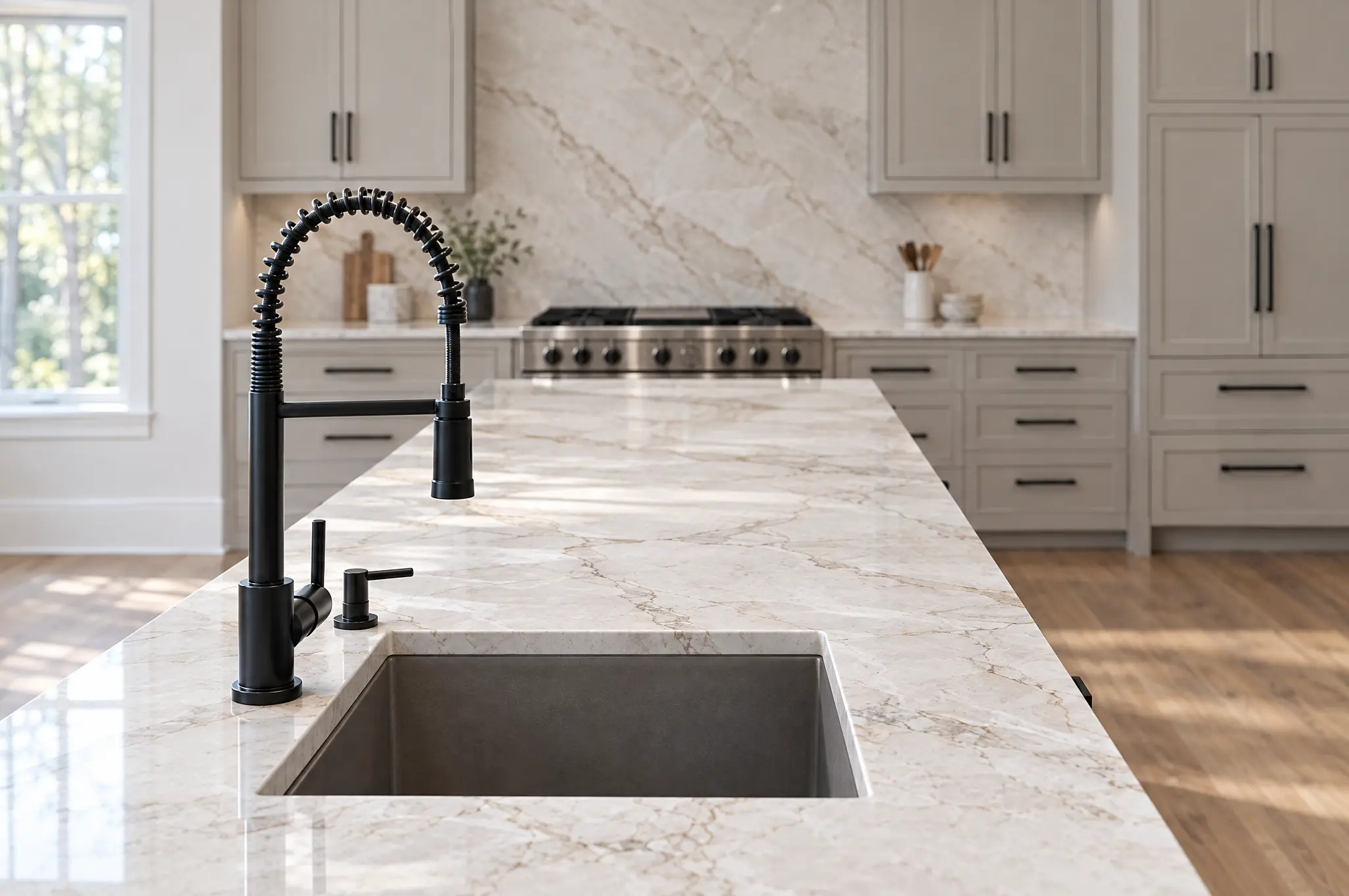 View down a kitchen island from its sink end, with a dark undermount composite sink and matte-black pull-down faucet set in cream veined stone, greige shaker cabinets, a stone slab backsplash and a stainless range beyond