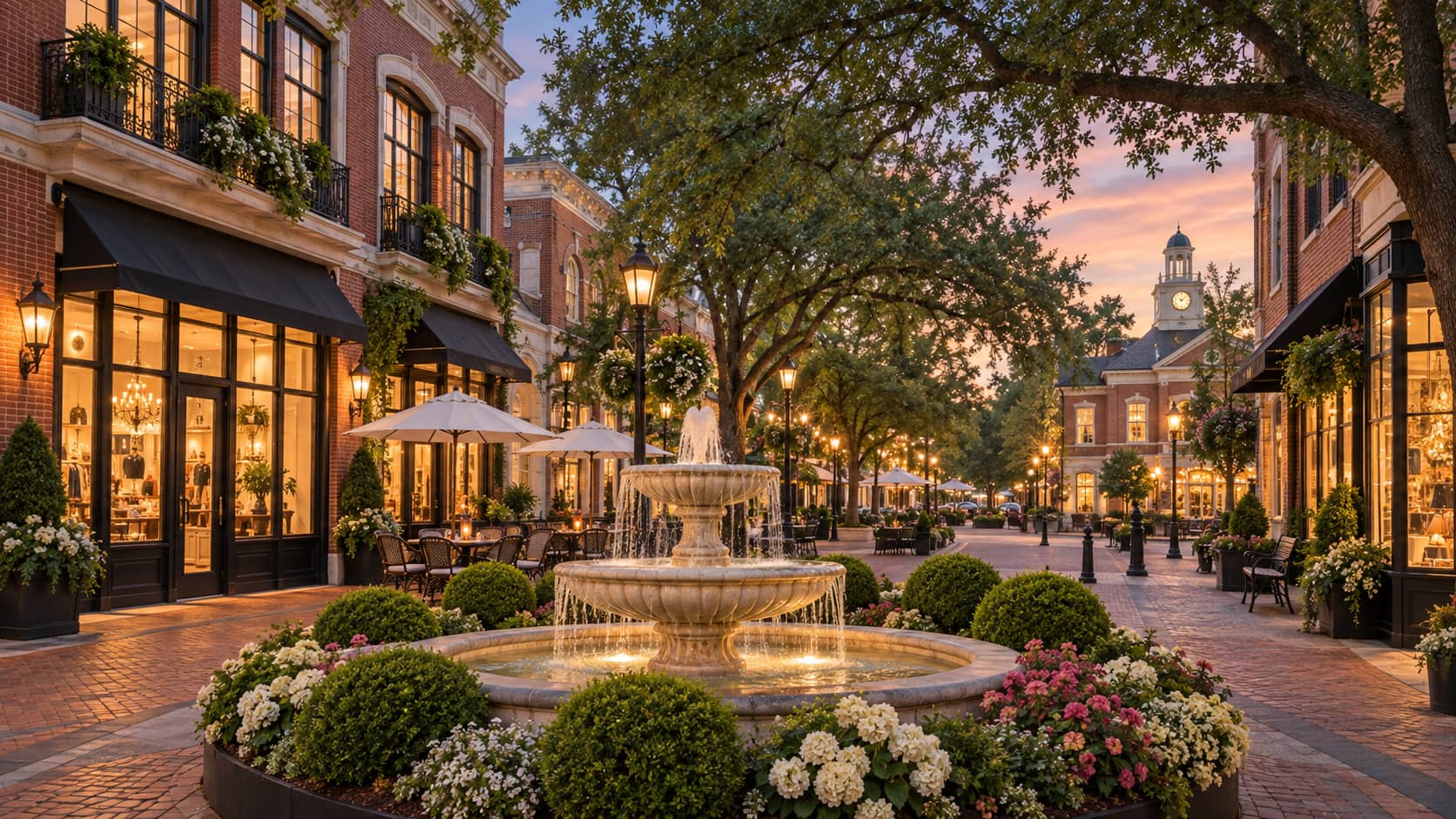 Fountain and brick storefronts on the Marietta Square at dusk