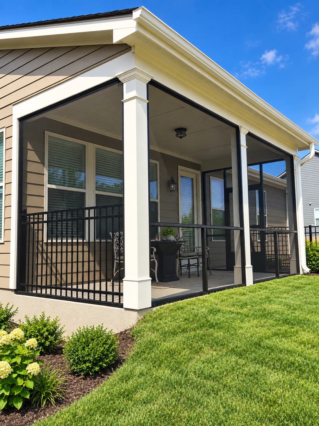 Screened porch addition from the yard, showing the new roof tied into the existing eave, boxed columns and the slab it sits on
