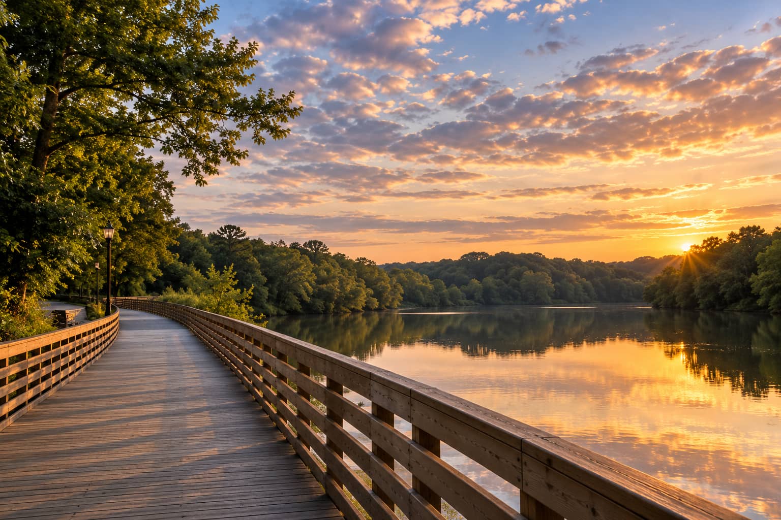 Boardwalk along the Chattahoochee River in Roswell at sunset