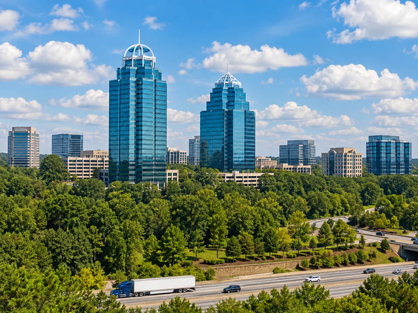 The King and Queen towers rising above the tree line in Sandy Springs