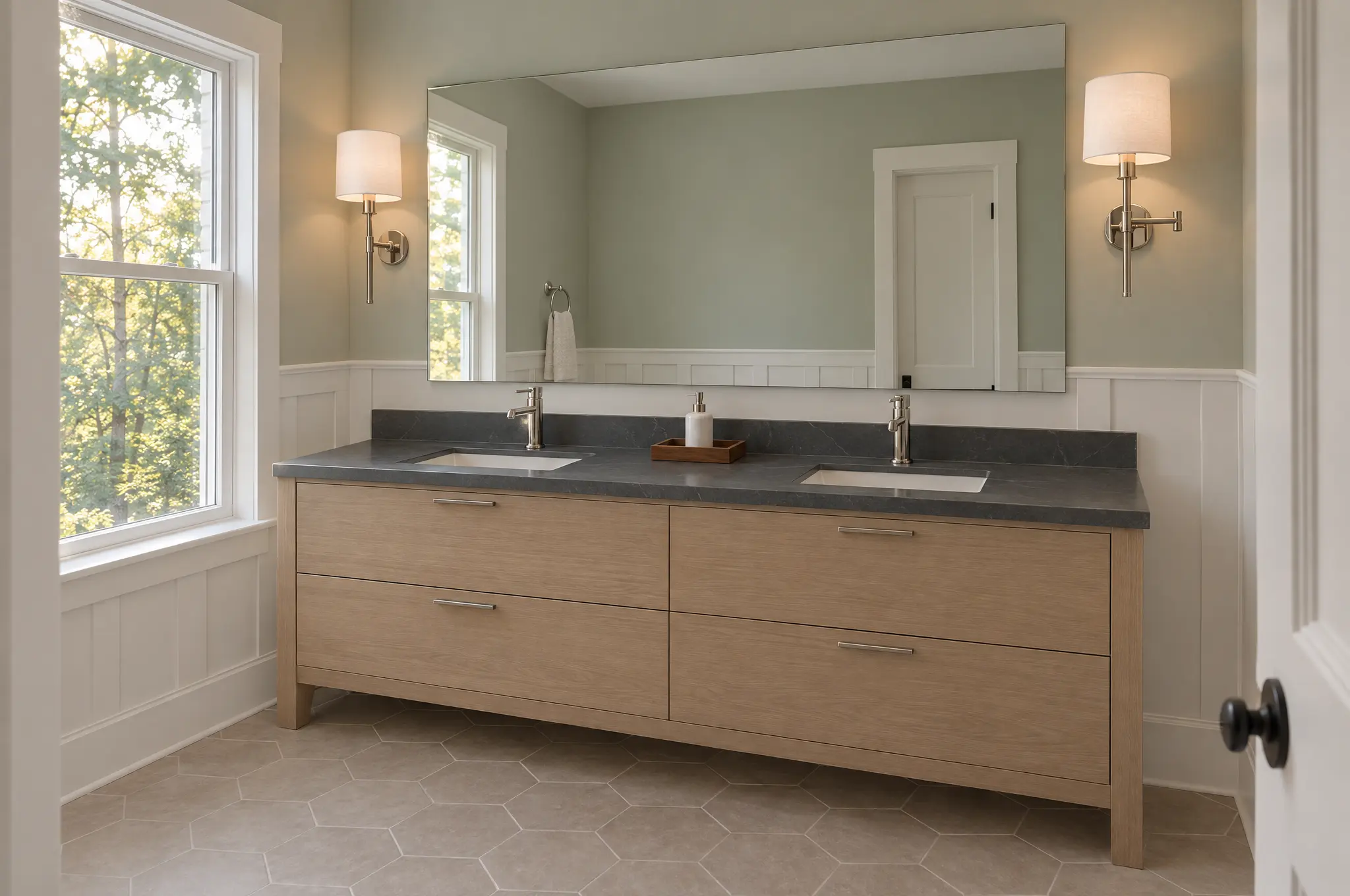 White oak double vanity with four wide drawers, a charcoal stone top with two undermount sinks and polished nickel faucets, one wide mirror between linen-shaded sconces, white board-and-batten wainscot and a window onto trees