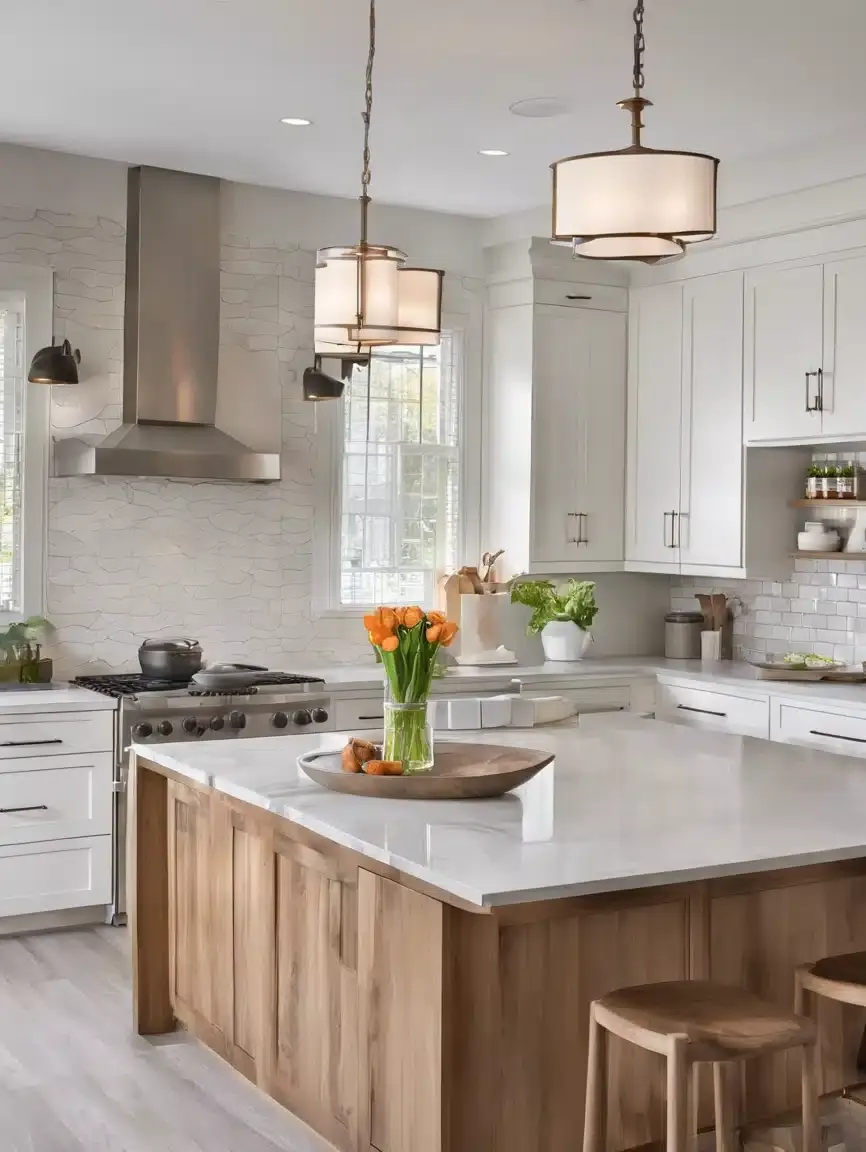 White kitchen with a marble-topped oak island, a stainless hood and drum pendant lights