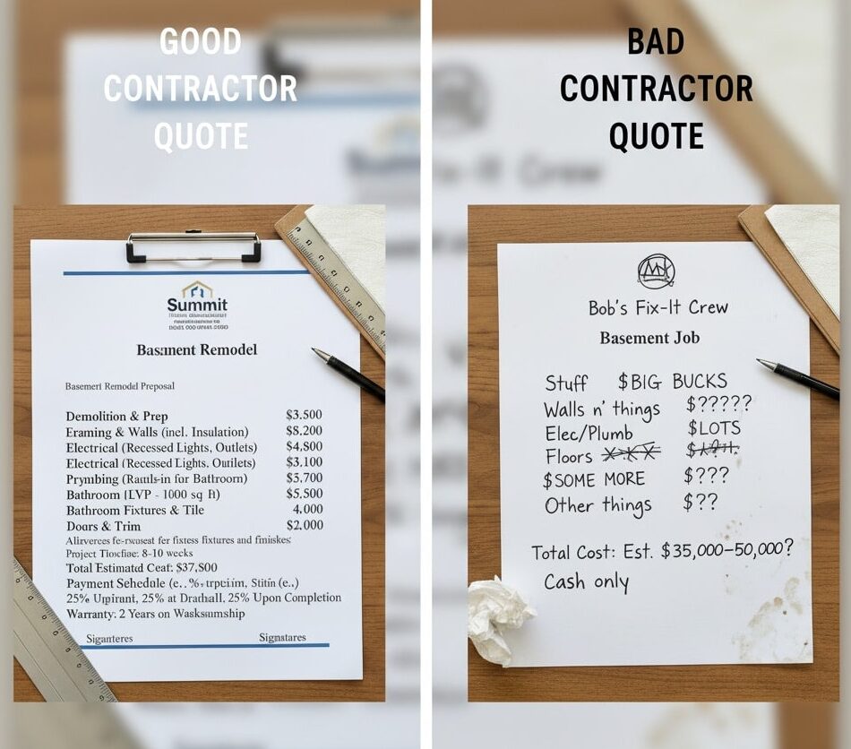 Contractor quote compares detailed basement remodel quotes with vague and overpriced estimate for a basement remodel job
