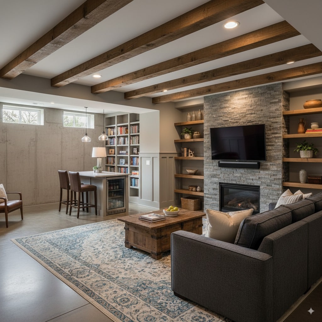 Modern woodstock basement living room features cozy seating by a stone fireplace with a book nook