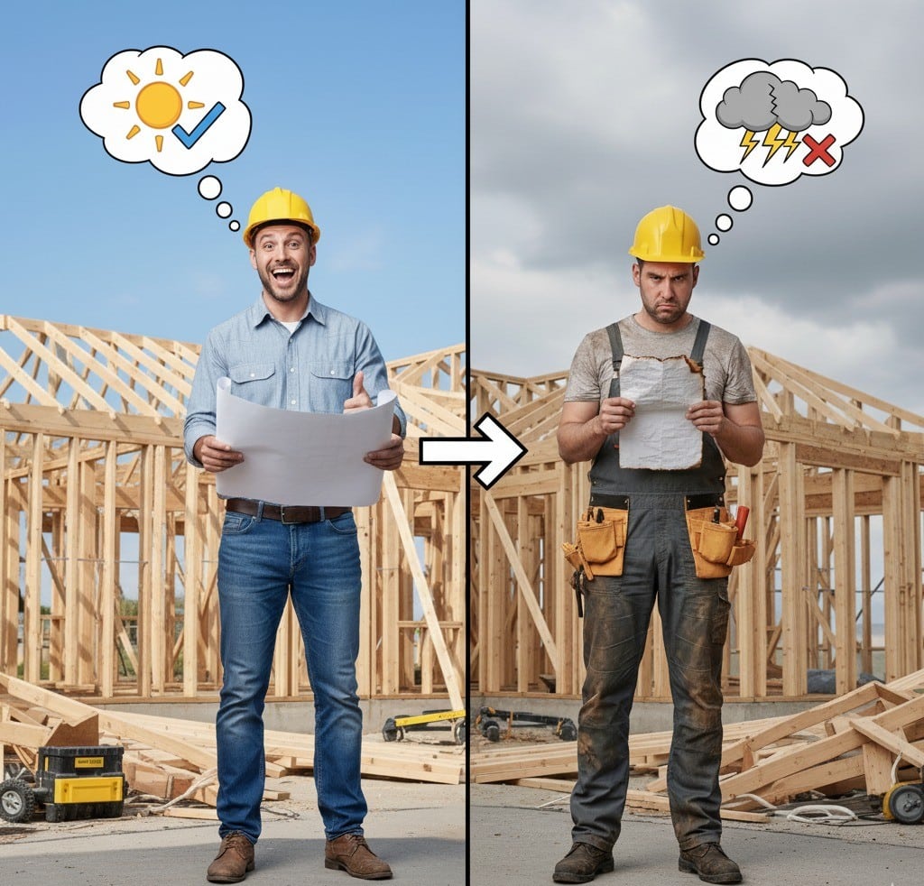 Construction worker compares sunny and stormy forecast at job site