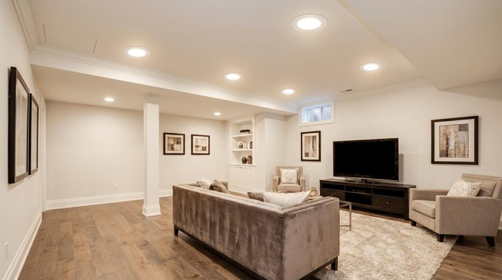 Best Basement Ceiling Design Ideas for Atlanta Homeowners 3 Bright modern basement with exposed ceiling elements painted crisp white creating an airy, Scandinavian-inspired feel