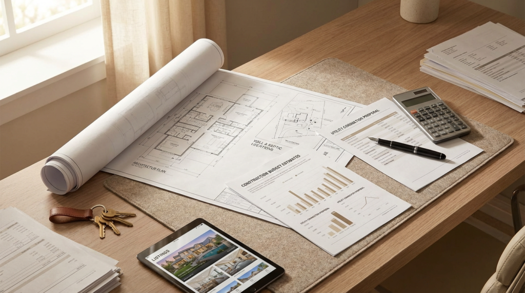 Building a Custom Home on Your Own Property vs a Subdivision | Atlanta Metro 1 A planning workspace with architectural floor plans, construction budget estimates, a calculator, pen, house keys, and a tablet displaying home listings spread across a desk. Soft natural light illuminates the documents, creating an atmosphere of careful financial planning for home construction