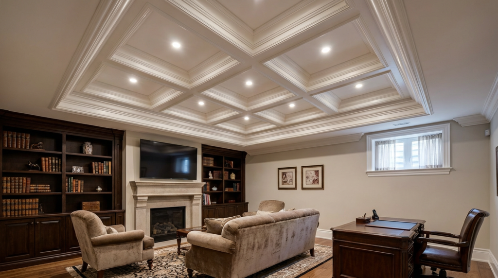 How to Choose the Right Basement Ceiling Design for Your Remodel 6 Luxurious basement living room with elegant white coffered ceiling adding architectural depth and sophistication