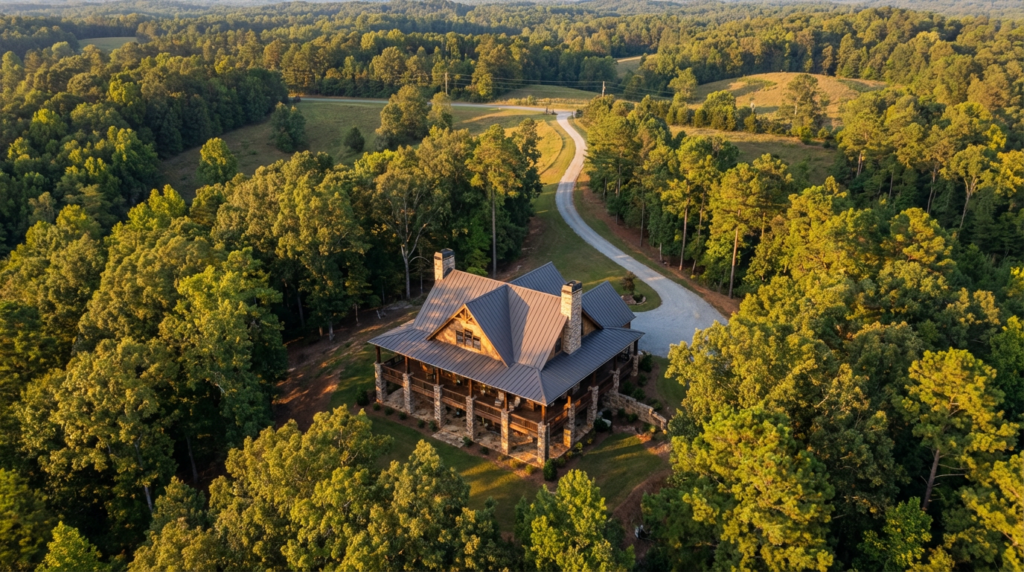 Building a Custom Home on Your Own Property vs a Subdivision | Atlanta Metro 2 Aerial view of a rustic custom home with a spacious porch nestled in dense Georgia woodland. A winding driveway leads through lush green trees to the property. Late afternoon light creates a serene, secluded atmosphere emphasizing privacy and natural beauty on multiple acres of private land.