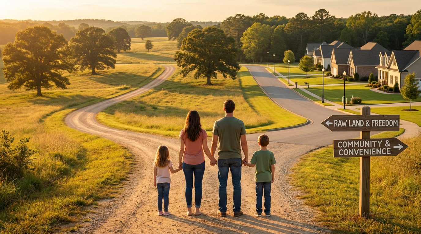 A family of four stands at a fork in a country road during golden hour, holding hands while facing two diverging paths. The left path marked 'Raw Land & Freedom' leads to open acreage with scattered trees, while the right path marked 'Community & Convenience' leads to a suburban neighborhood with houses. Warm sunset light bathes the Georgia landscape in amber tones