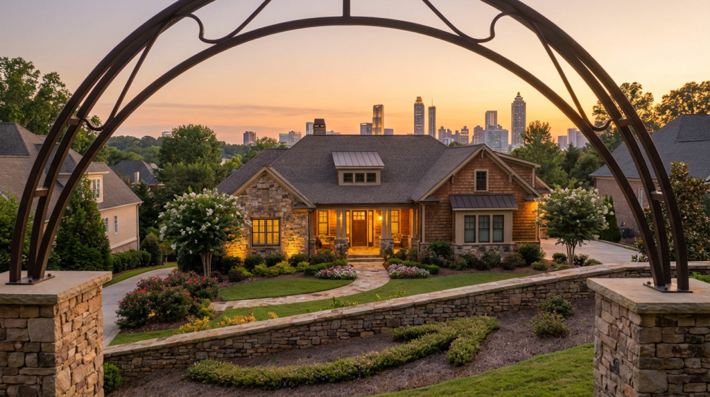 Building a Custom Home on Your Own Property vs a Subdivision | Atlanta Metro 3 A craftsman-style home with stone and wood facade surrounded by a well-maintained garden at sunset. The house features a welcoming front porch with warm lighting. The Atlanta city skyline with tall buildings is visible in the background, highlighting the balance between suburban tranquility and proximity to urban job centers