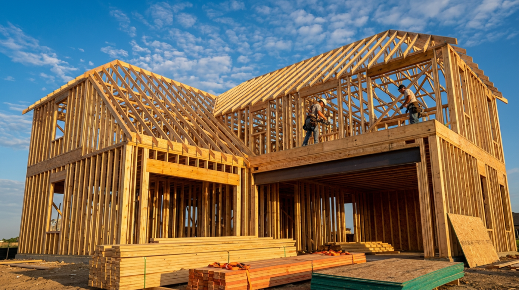 Understanding Hard vs Soft Costs in Custom Home Construction 2 Custom home framing construction showing dimensional lumber walls engineered roof trusses and workers installing structural framing on large residential home in Metro Atlanta