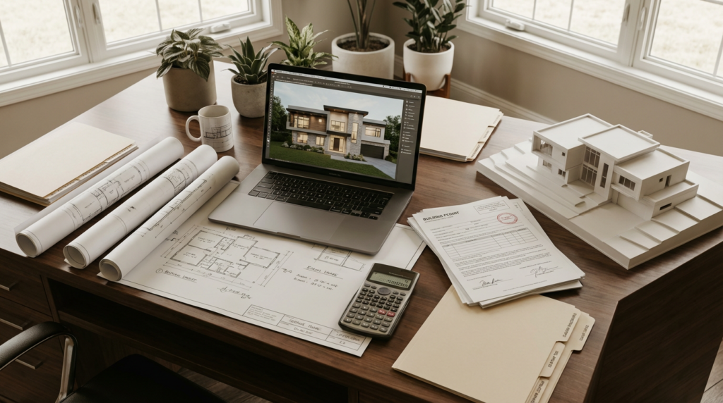 Understanding Hard vs Soft Costs in Custom Home Construction 7 Architect reviewing custom home floor plans with clients during design consultation showing 3D renderings material samples and professional architectural services in Metro Atlanta