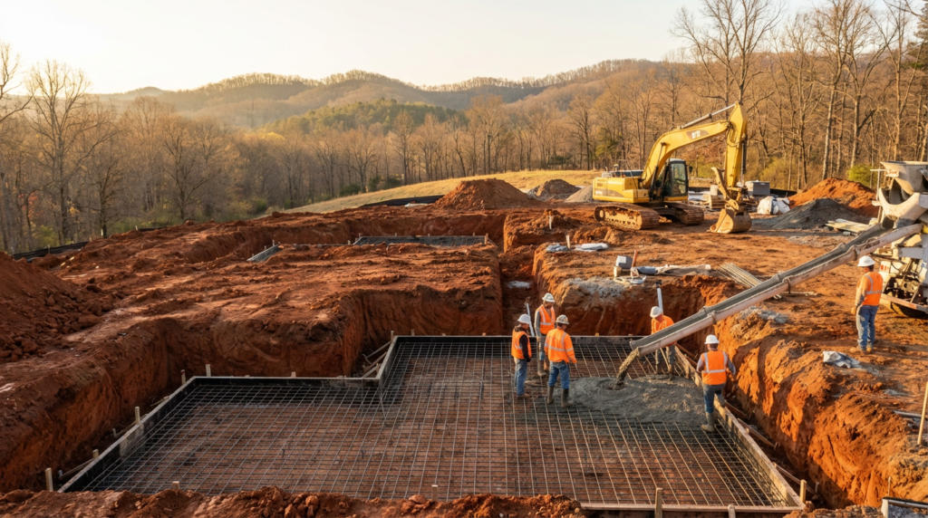 Understanding Hard vs Soft Costs in Custom Home Construction 1 Foundation construction site in North Georgia showing concrete foundation walls with rebar reinforcement excavation equipment and red clay soil typical of Cherokee County custom home building