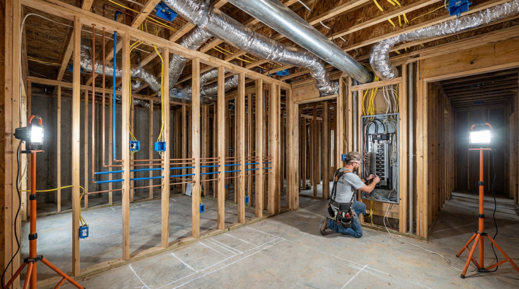 Understanding Hard vs Soft Costs in Custom Home Construction 4 Residential rough-in phase showing HVAC ductwork electrical wiring and copper plumbing installation in custom home before drywall mechanical electrical plumbing systems
