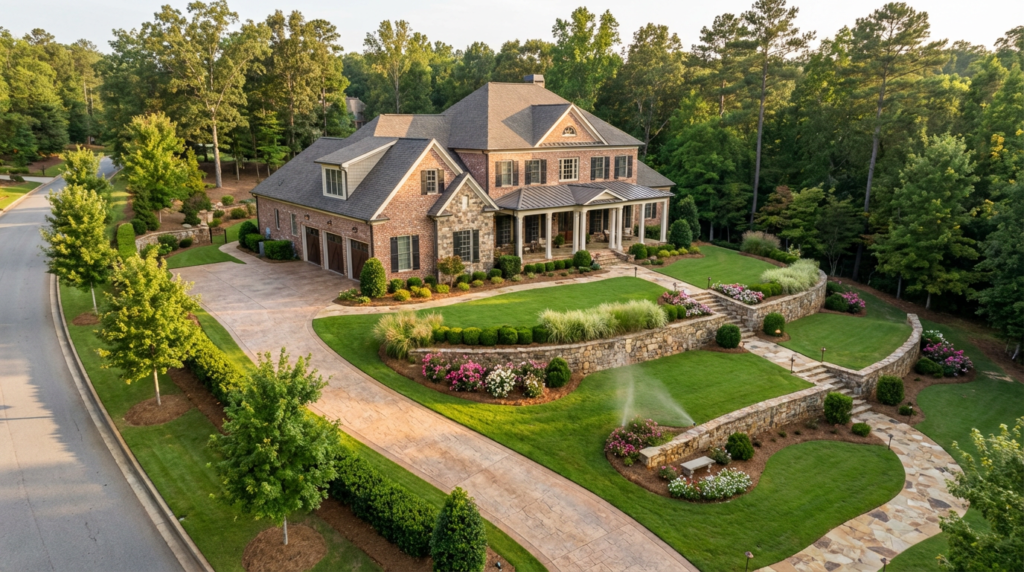 Understanding Hard vs Soft Costs in Custom Home Construction 6 Completed custom home site development showing stamped concrete driveway professional landscaping stone retaining walls and outdoor lighting in North Atlanta neighborhood
