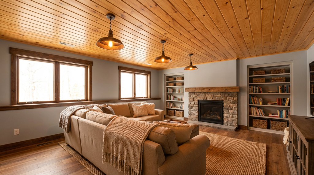How to Choose the Right Basement Ceiling Design for Your Remodel 3 Warm basement living space featuring natural wood tongue-and-groove plank ceiling in farmhouse style