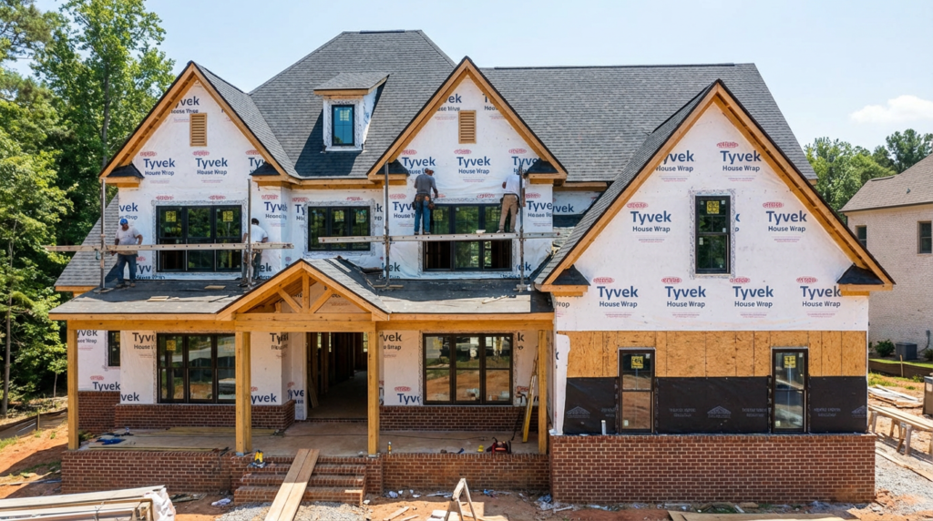 Understanding Hard vs Soft Costs in Custom Home Construction 3 Custom home exterior construction showing house wrap moisture barrier window installation brick veneer and architectural shingle roofing on Southern traditional style home in Alpharetta Georgia