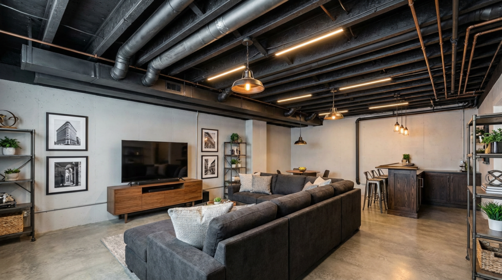 How to Choose the Right Basement Ceiling Design for Your Remodel 1 Industrial style basement with exposed joists, pipes, and ductwork painted matte black for intentional urban loft aesthetic