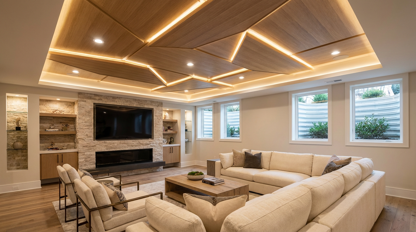 Beautifully finished basement living space in Atlanta showcasing modern ceiling design with warm lighting and contemporary furniture