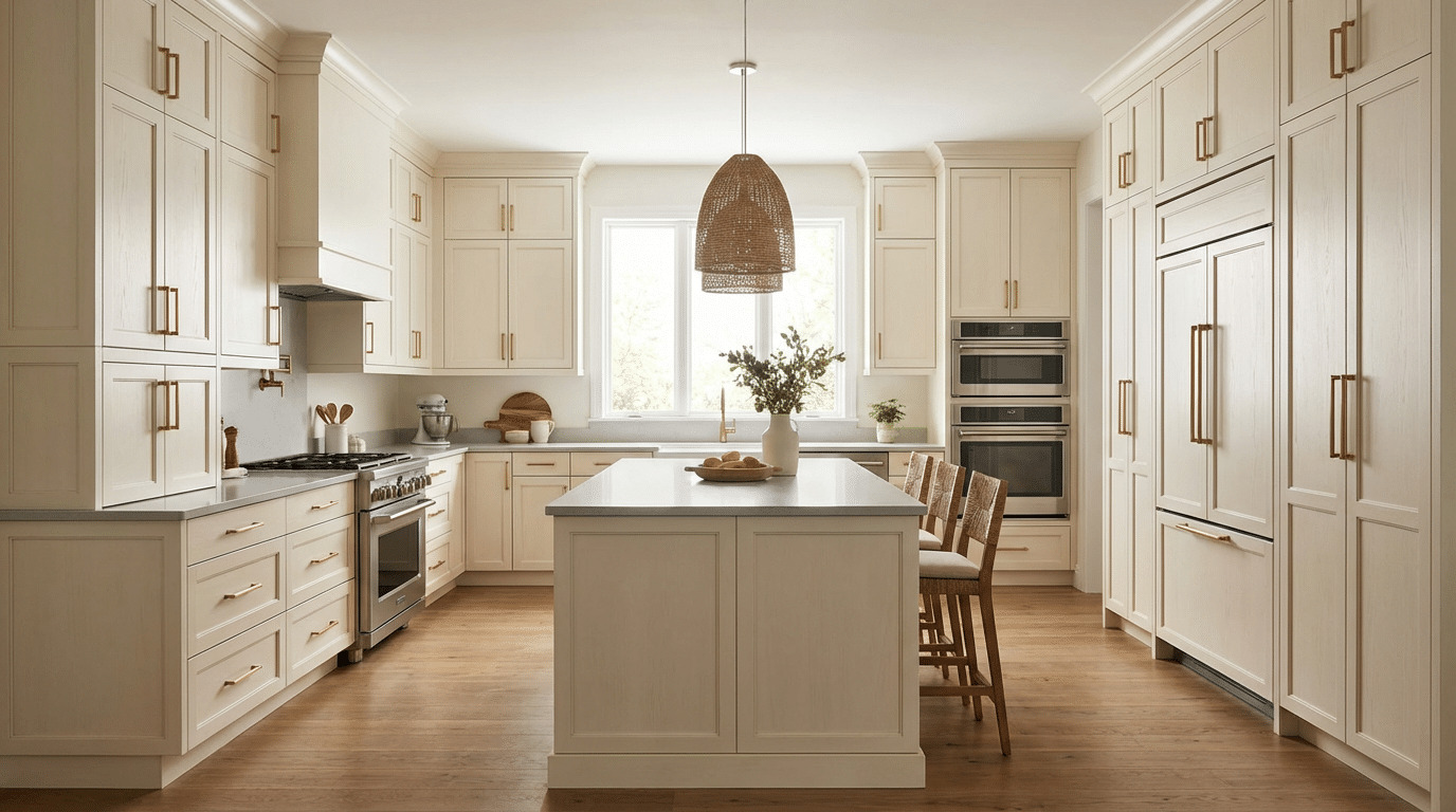 Modern kitchen interior showcasing floor-to-ceiling white shaker cabinets with brass hardware, demonstrating how cabinetry dominates kitchen remodel budget