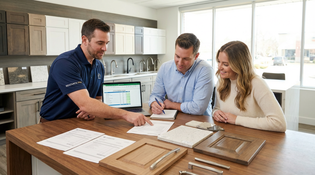 What's the Most Expensive Part of a Kitchen Remodel? 1 Professional contractor reviewing detailed line-item estimates with homeowners, showing transparent budget management process