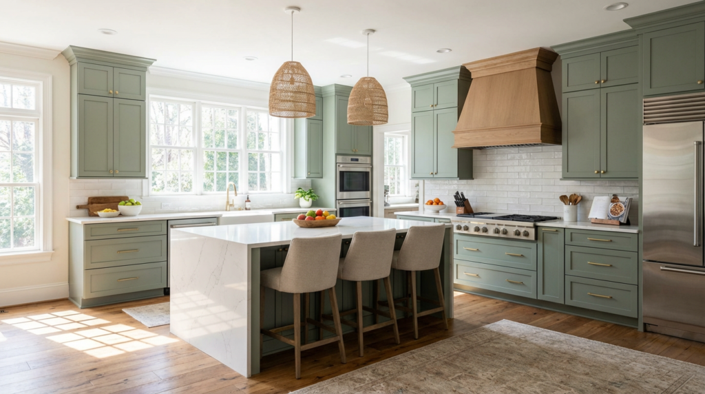 What's the Most Expensive Part of a Kitchen Remodel? 2 Beautifully completed Atlanta kitchen renovation featuring sage green cabinets, quartz countertops, and professional appliances