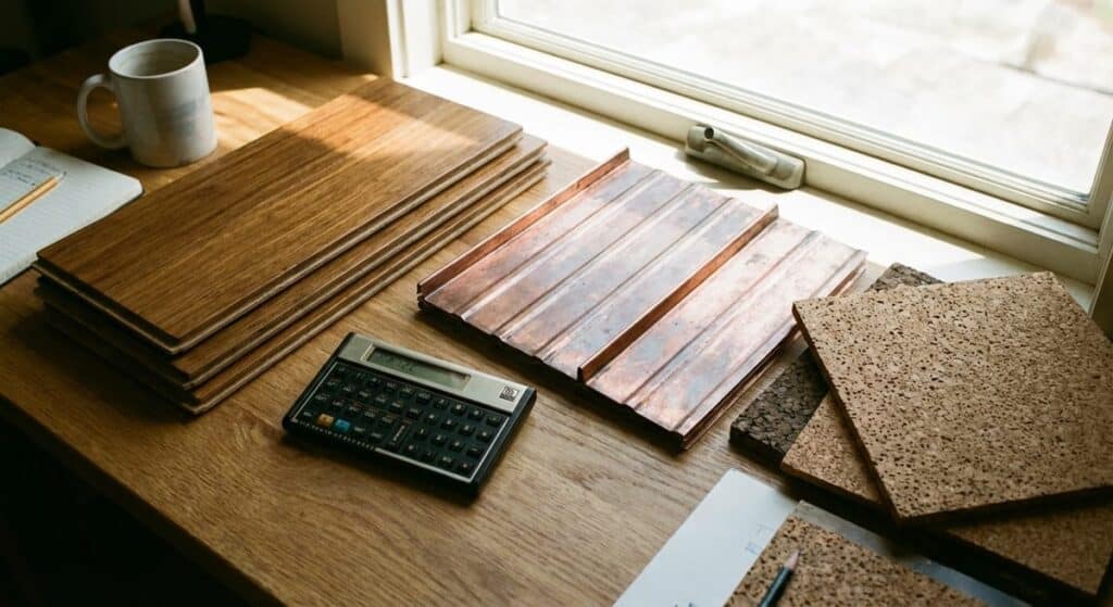 Best Sustainable Building Materials for Atlanta Home Remodeling 2 Calculator with sustainable building materials including bamboo flooring and metal roofing samples showing cost comparison