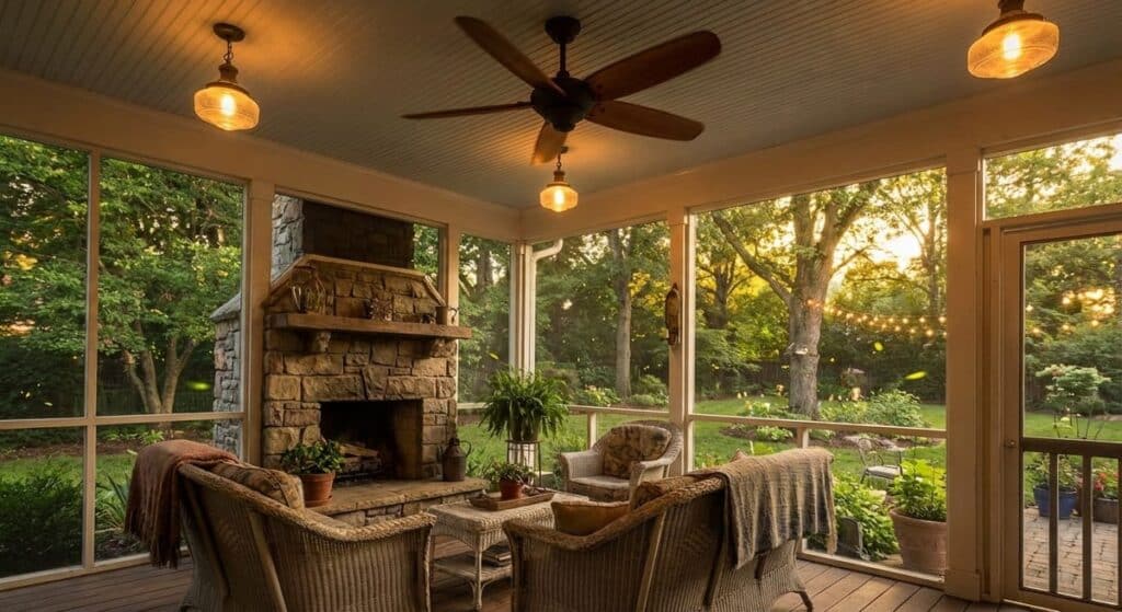 Indoor-Outdoor Living Spaces Atlanta: Year-Round Solutions That Beat Georgia's Climate 2 Screened porch with ceiling fan and ambient lighting showcasing popular indoor outdoor living space