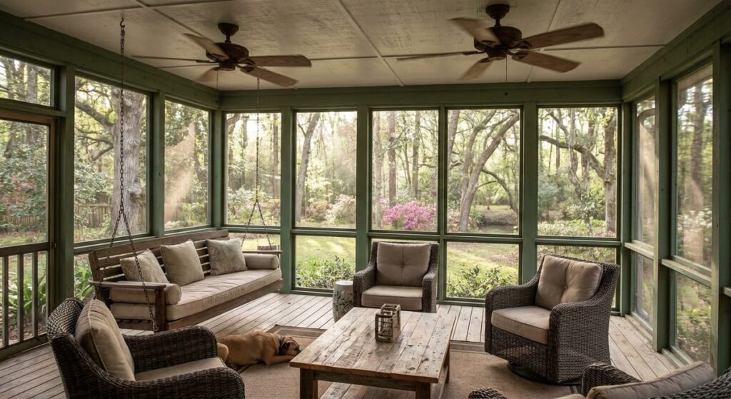 Indoor-Outdoor Living Spaces Atlanta: Year-Round Solutions That Beat Georgia's Climate 1 Screened porch with ceiling fans and outdoor furniture designed for Georgia's humid climate