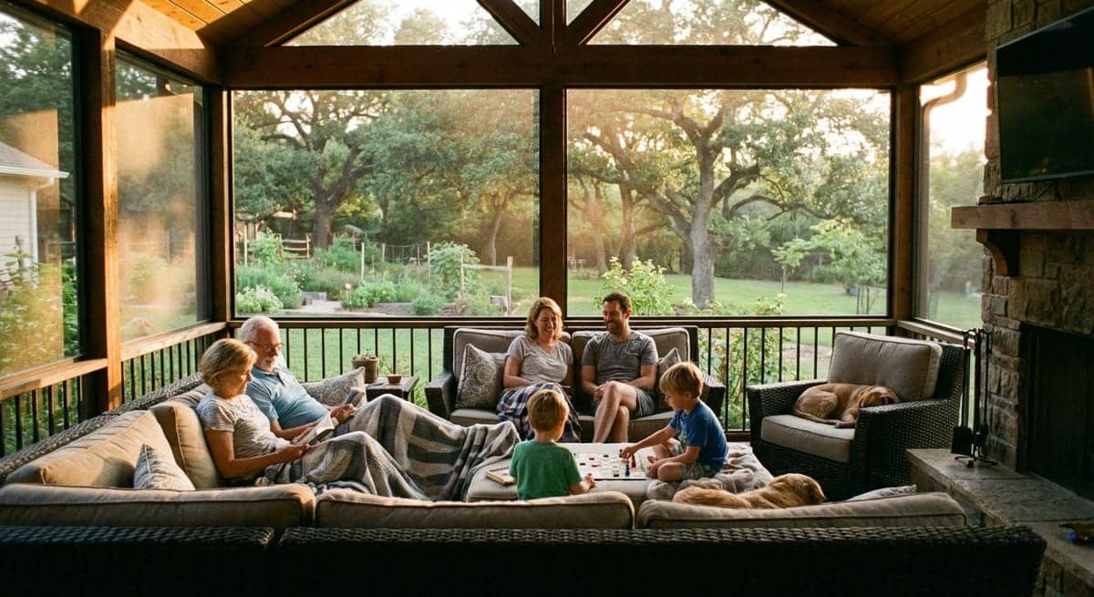 Screened porch with seating area showing indoor-outdoor living space design for year-round use